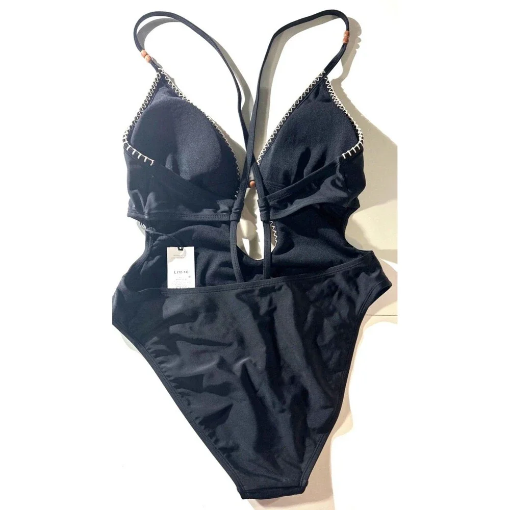 Shade & Shore Black Plunge One-Piece Swimsuit Beaded High-Leg Cut Size L 12-14